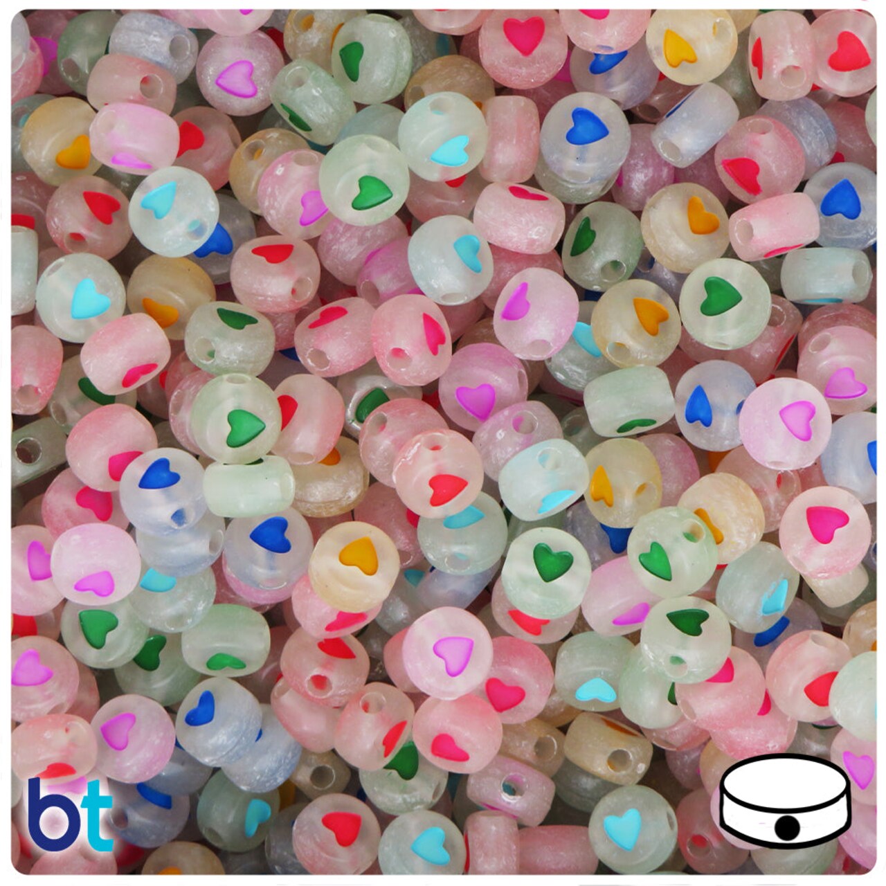 BeadTin Luminous 7mm Coin Plastic Alpha Beads - Colored Hearts (250pcs)